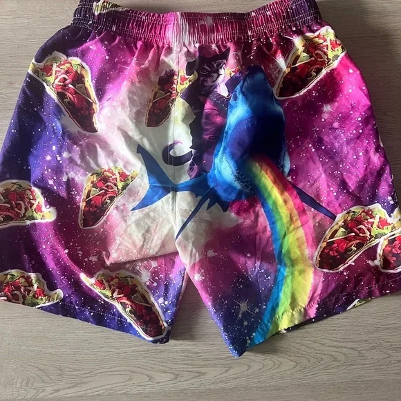 Taco Cat Riding Shark Rainbow Men’s Swim Trunks Size Large - Picture 15 of 17